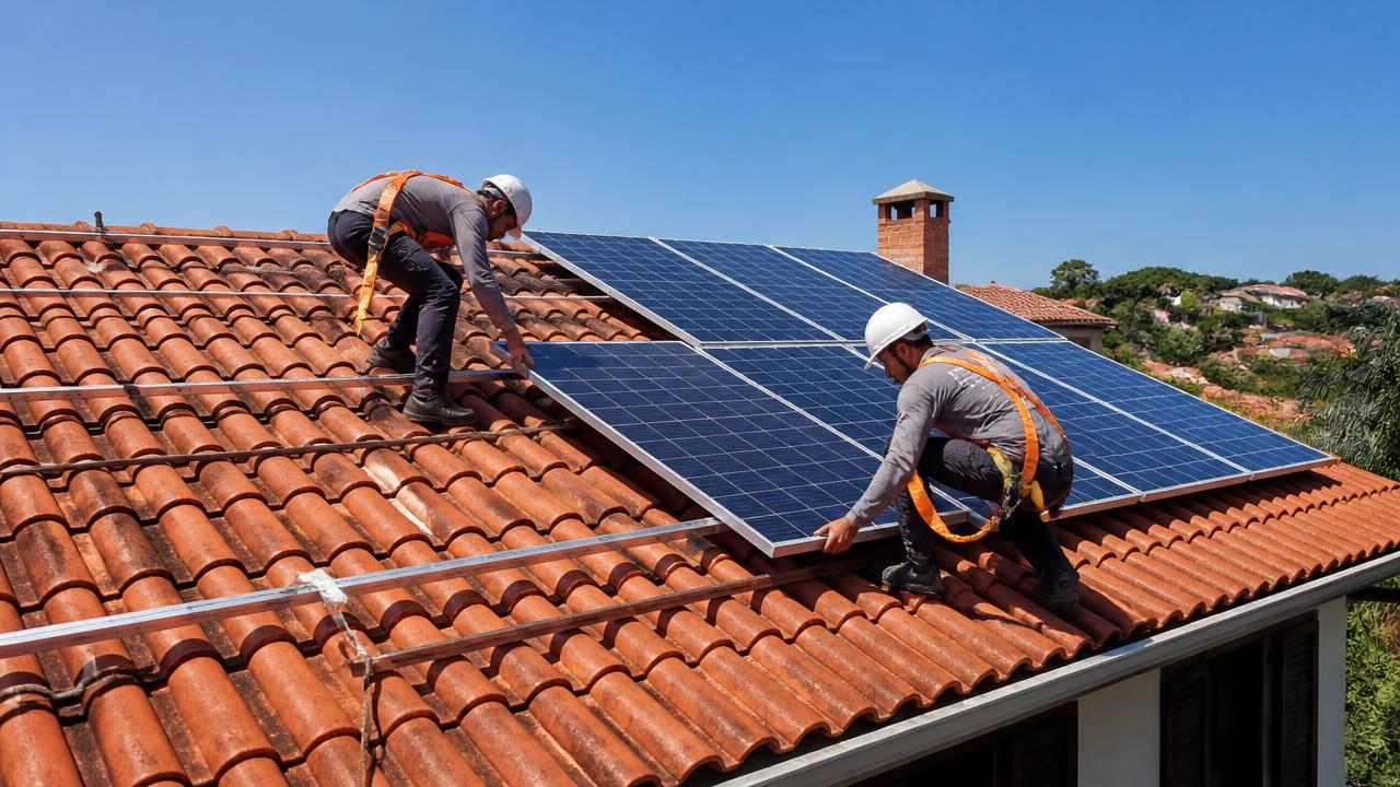 Instalação de módulos fotovoltaicos em telhado residencial de telha colonial em Passo Fundo/RS